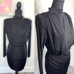 Mable Black Long Sleeve Padded Shoulders Cowl Neck Dress (S)